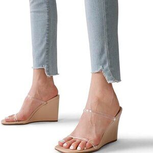 FOWT Open Toe Platform Mules Slip on Wedge High Heel Slippers Double Strap Casu